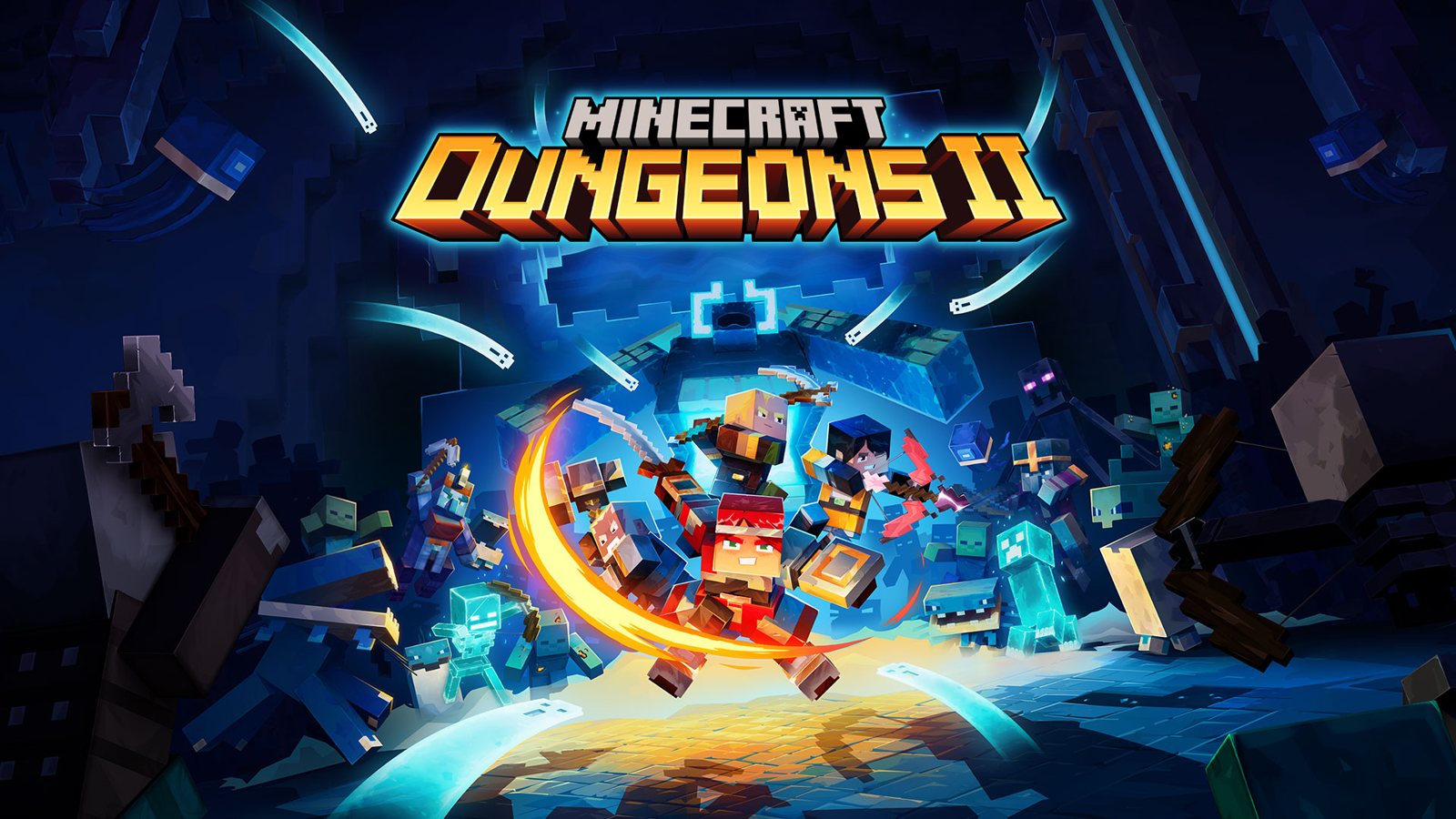 Arte oficial de Minecraft Dungeons II com quatro heróis enfrentando uma horda de monstros