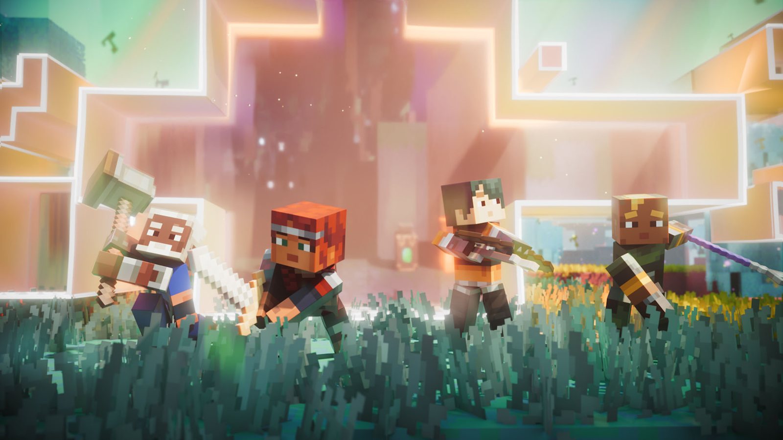 Quatro heróis de Minecraft Dungeons II empunhando armas diante do cenário em tons pastel do Sift