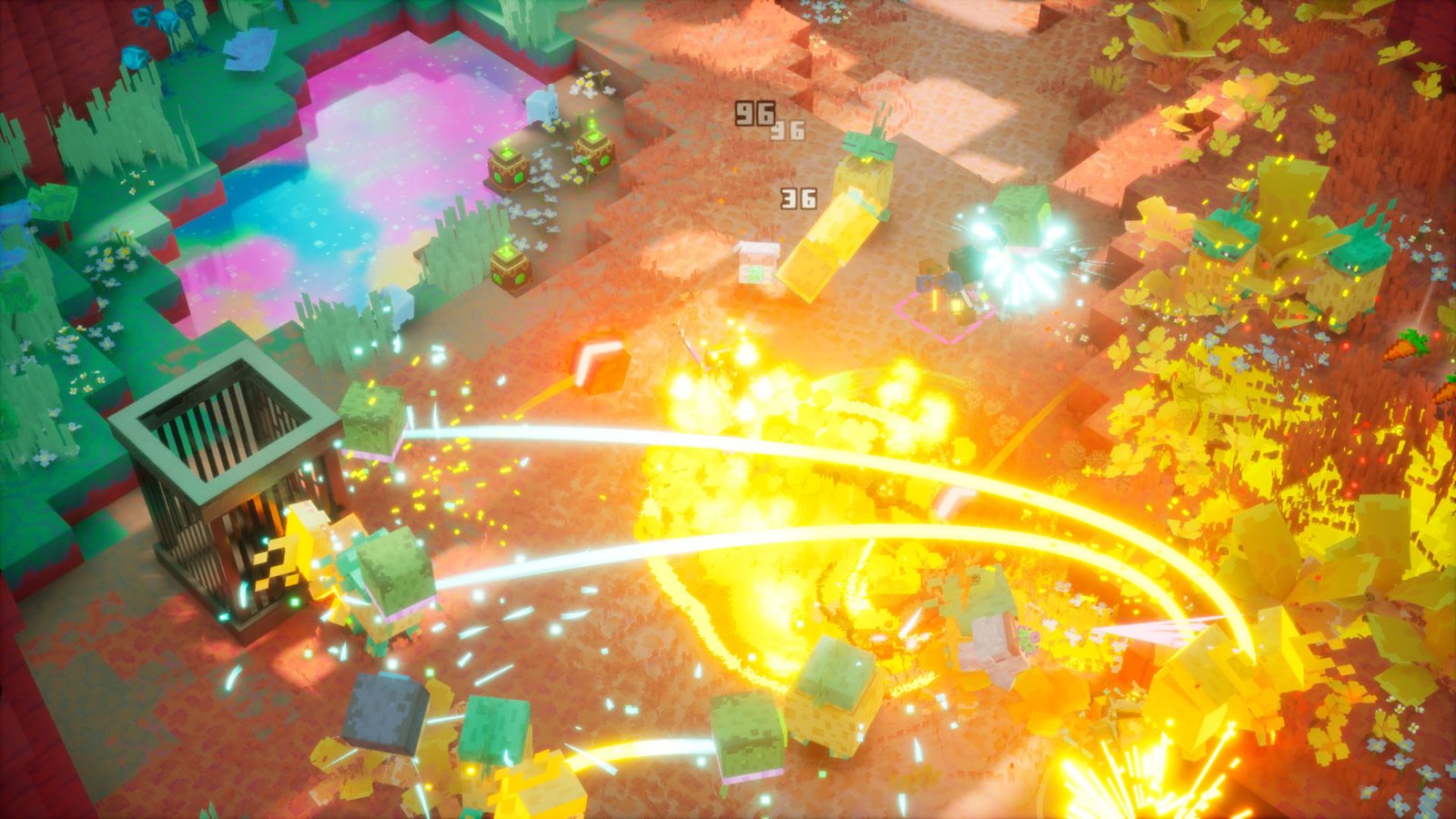 Captura de Minecraft Dungeons II com um herói desferindo um golpe de fogo contra vários mobs