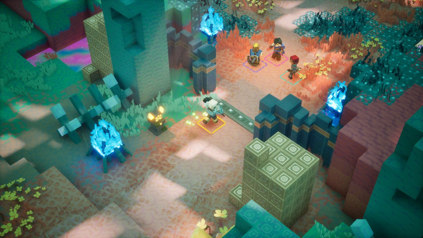 Captura de Minecraft Dungeons II mostrando heróis explorando ruínas no Overworld
