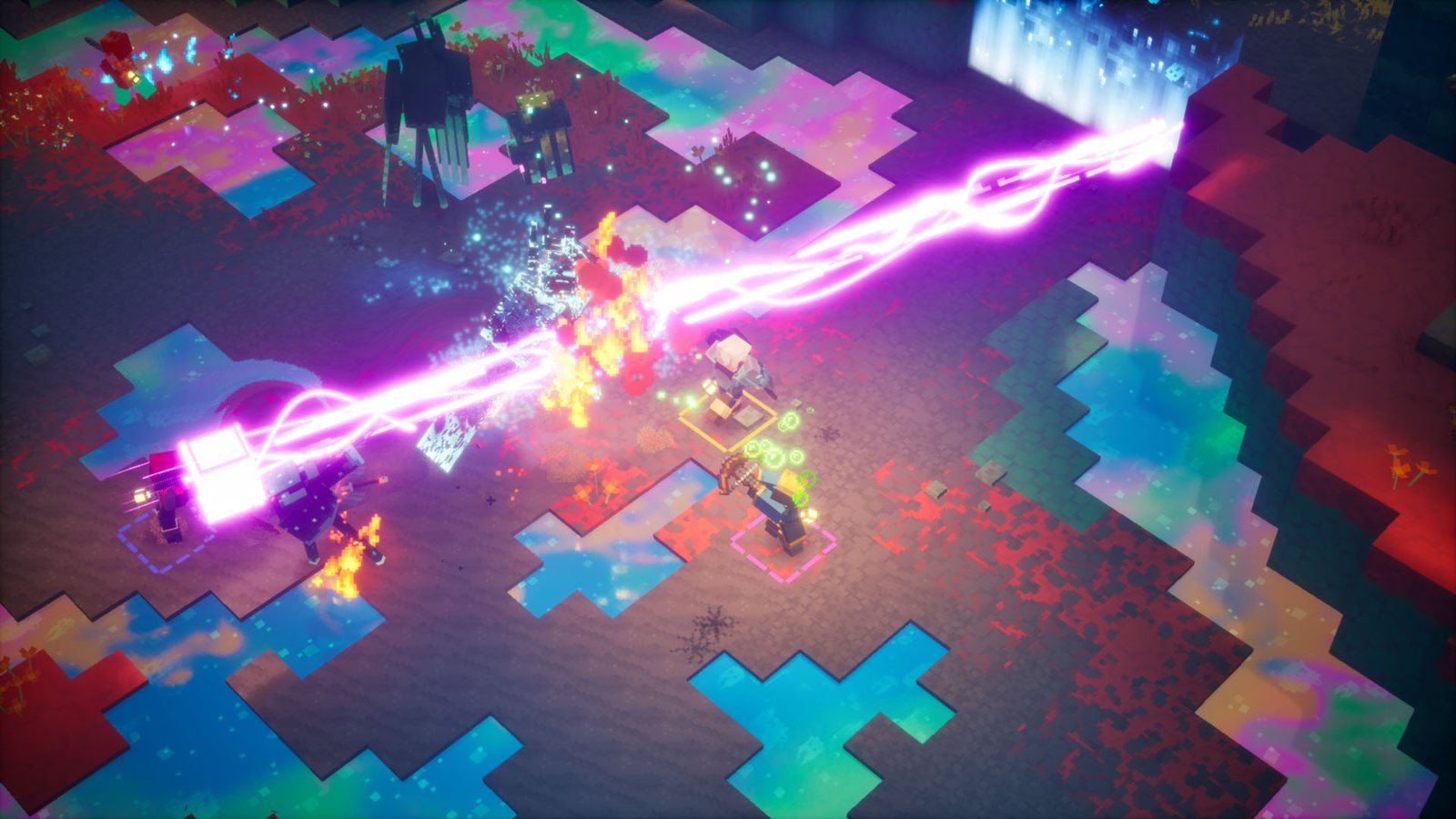 Captura de Minecraft Dungeons II com um raio roxo atravessando inimigos no Sift